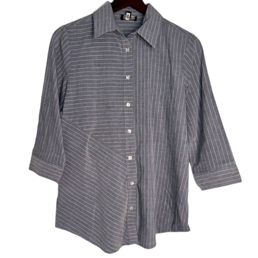 J’ENVIE Womens 4 Flax Blend‎ Blue Modern Striped Button Accented Boho Blouse